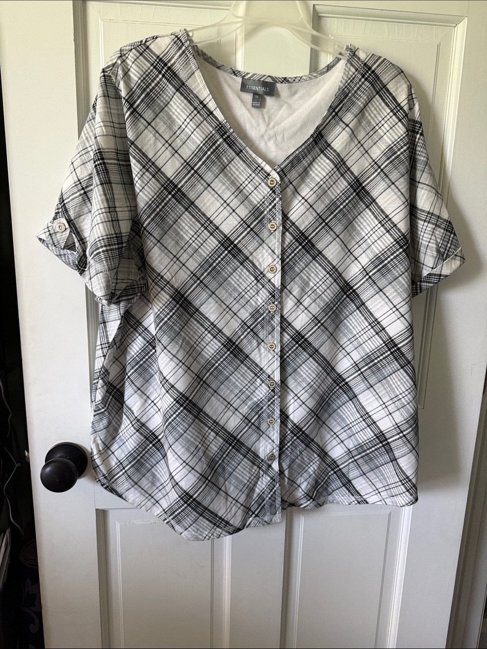 Essentials Black & White Plaid Button-Front Women's Shirt